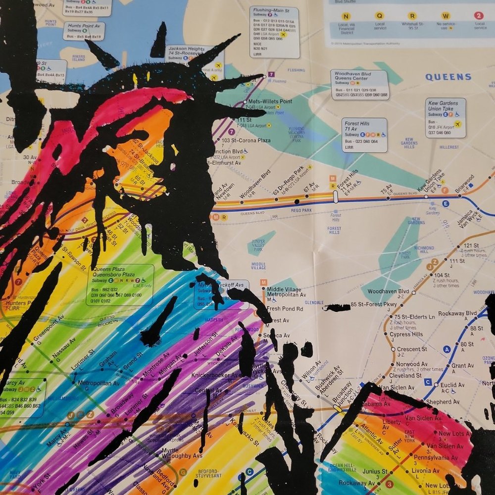 Rare Acrylic Handpainted Statue of Liberty Art on a NYC Subway Map Lady Liberty - Picture 3 of 7